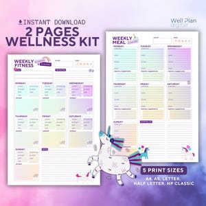 Rastreador de actividad física Unicorn / Planificador de entrenamiento y comidas imprimible / Diario de bienestar / Registro de vitaminas / Tamaño A4, A5, Carta EE. UU., etc. / Descarga instantánea