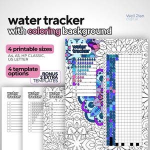 Registro de consumo de agua, página para colorear imprimible, diario anual, registro diario de agua, registro de salud, consumo de agua / Plantilla A4, A5, HP, carta de EE. UU.
