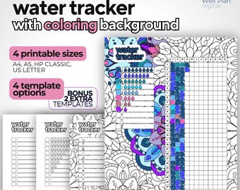 Printable Water Tracker: Yearly Journal with Coloring Page, Yearly Water Intake (A4, A5, HP, US Letter)
