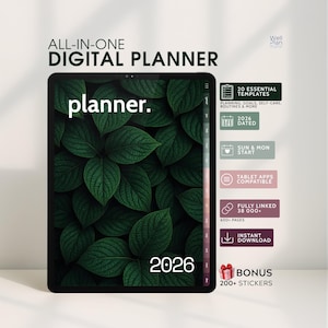 以下が含まれることがあります： 暗い緑の葉のデザインのタブレット上のデジタルプランナー。テキストは「ALL-IN-ONE DIGITAL PLANNER」と「planner」と書かれています。追加のテキストには「2026」とテンプレート、互換性、インスタントダウンロードに関する詳細が含まれています。