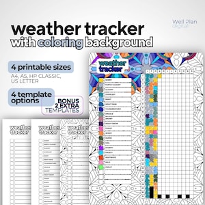Könnte beinhalten: Ein druckbarer Wettertracker mit einem farbenfrohen Mandala-Design. Der Tracker enthält ein Raster zum Aufzeichnen der täglichen Wetterbedingungen und eine Farbtabelle mit verschiedenen Wettersymbolen. Der Text "weather tracker" ist oben auf der Seite gedruckt.