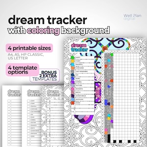 Rastreador de sueños imprimible con página para colorear, registro diario de sueños, diario de sueños anual, diario de sueño, página de planificación, A4, A5, tamaño carta (EE. UU.), HP Classic
