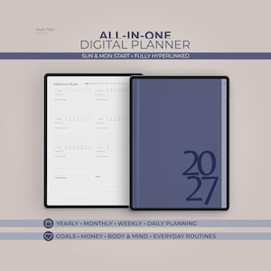 Puede incluir: Un planificador digital todo en uno para 2027 mostrado en dos tabletas. Una pantalla muestra un diseño de plan mensual con cuadrículas de calendario, mientras que la otra muestra una portada azul oscuro con el año 2027 en tipografía grande.