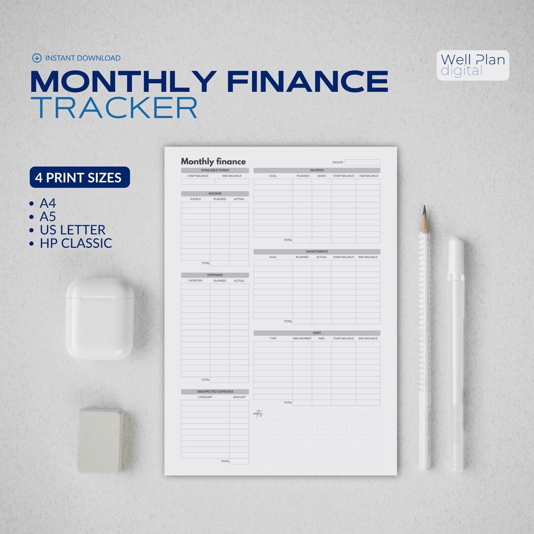 Printable Monthly Finance Tracker: Budget, Savings, Debt (fillable ...