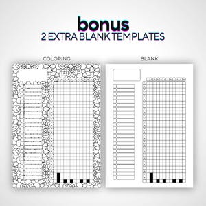 May include: Two white templates with black grid lines and text. One template is labeled "coloring" and features a floral border. The other is labeled "blank". The text "bonus" and "2 extra blank templates" are at the top.
