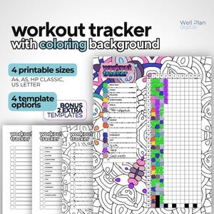 May include: A printable workout tracker with a colorful mandala background. The tracker includes a grid for logging workouts and a list of activities, including rest day, yoga, pilates, stretching, walk, dance, and strength training. The tracker is available in four printable sizes: A4, A5, HP Classic, and US Letter.