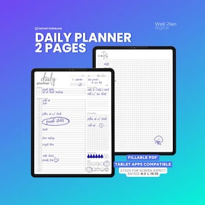 Peut inclure: Deux modèles numériques de planificateur quotidien sur tablettes. La tablette de gauche affiche un planificateur détaillé avec des sections pour les tâches, les notes et la consommation d'eau. La tablette de droite montre une grille pour les notes. Le texte comprend "Daily Planner 2 Pages" et "Fillable PDF".