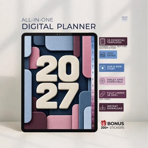 Può includere: Un'agenda digitale visualizzata su uno schermo di tablet con il testo 2027 in grandi numeri color crema su uno sfondo di forme stratificate blu, rosa e viola scuro. L'interfaccia include schede mensili, 20 modelli, 550+ pagine e 200+ adesivi bonus.
