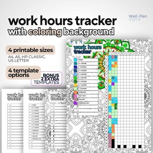 Pode incluir: Rastreador de horas de trabalho imprimível com um design de mandala colorido. O rastreador inclui uma lista de horas de trabalho, horas extras, meio dia, dia de doença e dia pessoal. O design de mandala é em preto e branco e pode ser colorido.