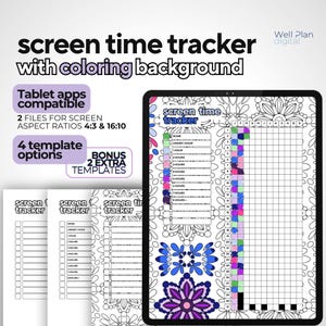 May include: Digital screen time tracker with a coloring background. The image shows a tablet displaying a screen time tracker template with floral designs. Additional templates are shown, along with text indicating tablet app compatibility and screen aspect ratios.