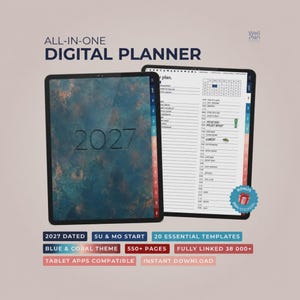May include: An all-in-one digital planner for 2027 displayed on two tablets. The cover features a blue and copper textured design with the year 2027. The interior page shows a daily schedule with hourly slots, a calendar, and a bonus sticker icon.