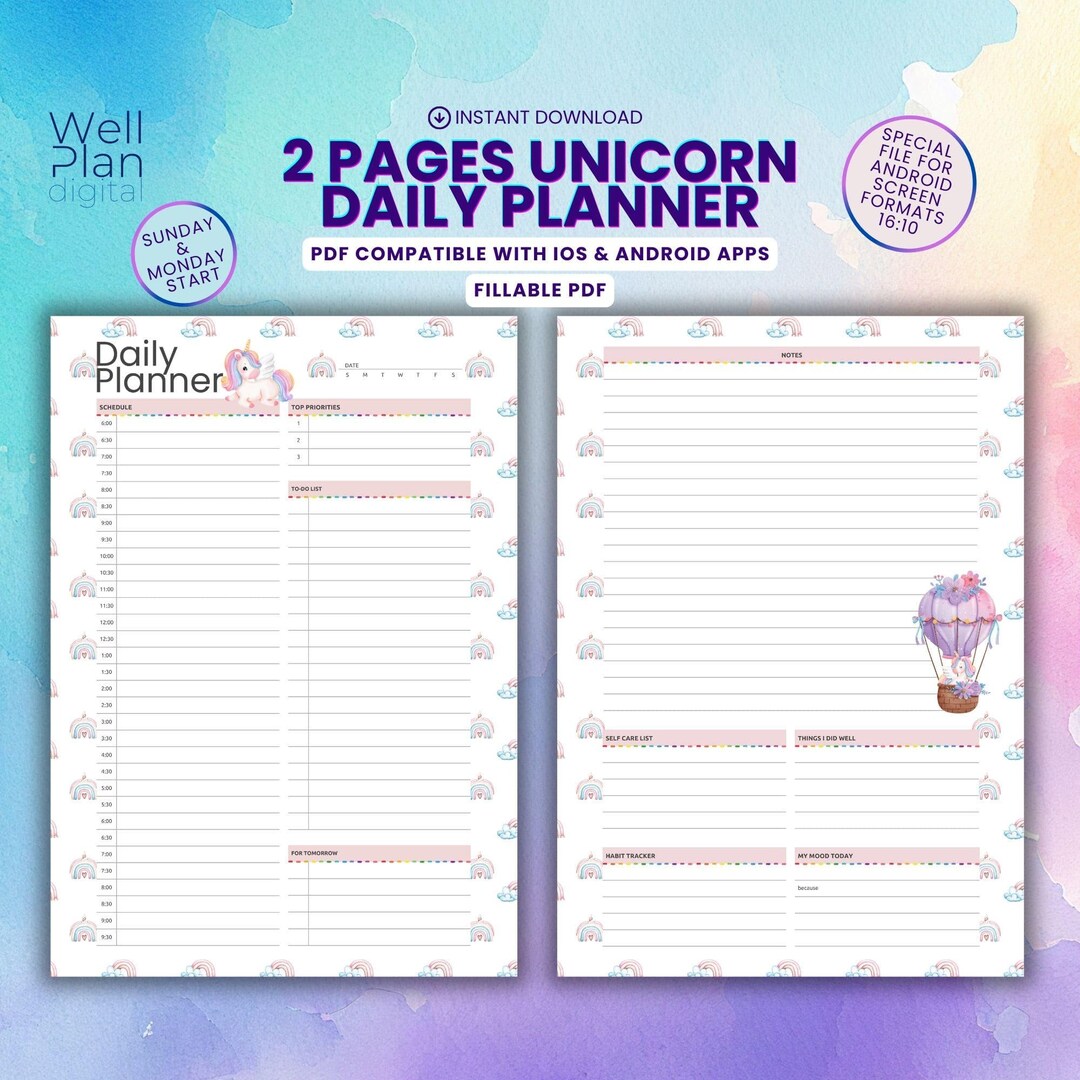 Digital Daily Planner: Undated Unicorn Schedule (fillable PDF, Digital ...