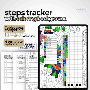 May include: A digital printable steps tracker with a colorful floral mandala background. The tracker includes a checklist for steps taken in increments of 1,000 steps. The tracker is compatible with tablet apps and comes in two aspect ratios: 4:3 and 16:10. The listing includes four template options and two bonus templates.