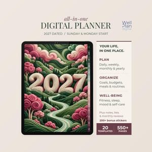 May include: A digital planner for 2027 featuring a tablet display with a textured landscape illustration of pink and green hills and trees. The text includes "all-in-one DIGITAL PLANNER", "2027 DATED", "YOUR LIFE, IN ONE PLACE", and "200+ bonus stickers".