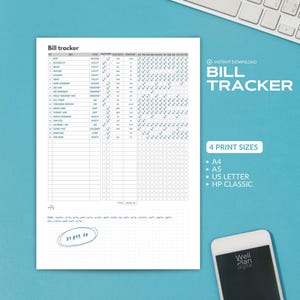 Bill Tracker Druckbar | Monatliches & Jährliches Rechnungszahlungslog | Zahlungslogbuch | Ausgaben-Tracker | Bill-Planer| A4,A5, US Letter, HP Classic
