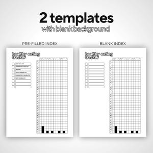 May include: Two white paper templates for a healthy eating tracker. The text "2 templates with blank background" is at the top. One template is pre-filled, and the other is blank. Each template has a grid for tracking and the words "healthy eating tracker".
