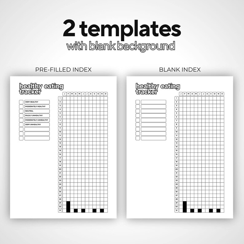 May include: Two white paper templates for a healthy eating tracker. The text "2 templates with blank background" is at the top. One template is pre-filled, and the other is blank. Each template has a grid for tracking and the words "healthy eating tracker".