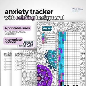 Rastreador de ansiedad imprimible con página para colorear, registro diario de salud mental y diario anual del estado de ánimo / Plantilla A4, A5, Carta EE. UU., HP Classic