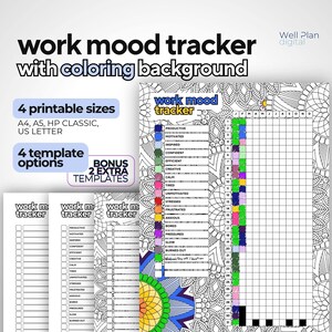 May include: A set of printable work mood trackers with coloring backgrounds. The design includes a mood chart with color-coded sections for various feelings. The text on the image says "work mood tracker" and "4 printable sizes".