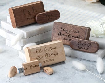 Personalised Wooden USB 3.0 Drive with USB & Type-C Connector Compatible with Laptops, Tablets and Phones, Wedding Photography, 4GB-128GB