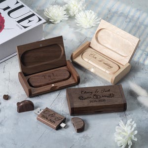 Custom Engraved USB 3.0 with USB & Type-C Connector, Natural Walnut/Maple Wood - Perfect Gift for Wedding Photography, 4GB-128GB