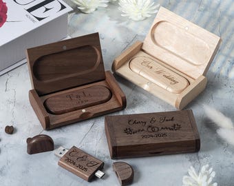 Custom Engraved USB 3.0 with USB & Type-C Connector, Natural Walnut/Maple Wood - Perfect Gift for Wedding Photography, 4GB-128GB