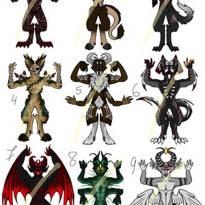 May include: Nine stylized illustrations of fantastical creatures with anthropomorphic features. Each figure is depicted in a unique pose, with varying colors and designs, including wings, horns, and insect-like elements. The artwork has a fantasy theme.