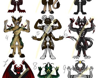 May include: Nine stylized illustrations of fantastical creatures with anthropomorphic features. Each figure is depicted in a unique pose, with varying colors and designs, including wings, horns, and insect-like elements. The artwork has a fantasy theme.