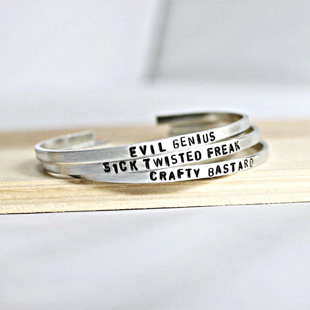 Funny Jewelry Skinny Silver Cuff Adjustable Hand Stamped