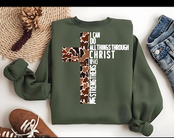I Can Do All Things Through Christ Who Strengthens Me, Vintage, Retro Camo Cross, With Pocket Cross, PNG, Men's, Women's, Religious shirt
