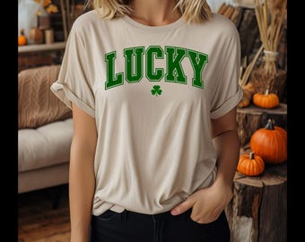 Lucky—Distressed Clover, Green St. Patrick's Day, Funny and Cute, St. Patty's PNG, Retro Vintage Vibes, T-shirt, Tank Top, Sweatshirt.