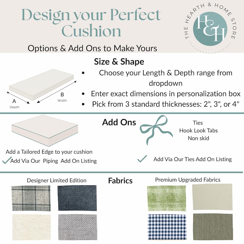 Three designer upholstery fabric options in neutral tones for custom window seat cushions, bench pads, and indoor seating