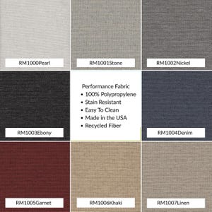 Performance fabric swatch chart showing Pearl, Stone, Nickel, Ebony, Denim, Garnet, Khaki, and Linen colors. 100% polypropylene, stain resistant, easy to clean, made in the USA with recycled fiber.