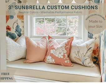 Custom 3" Sunbrella Bench Cushion – Neutral Colors Washable Performance Fabric – Indoor Window Seat, Mudroom & Book Nook Seating