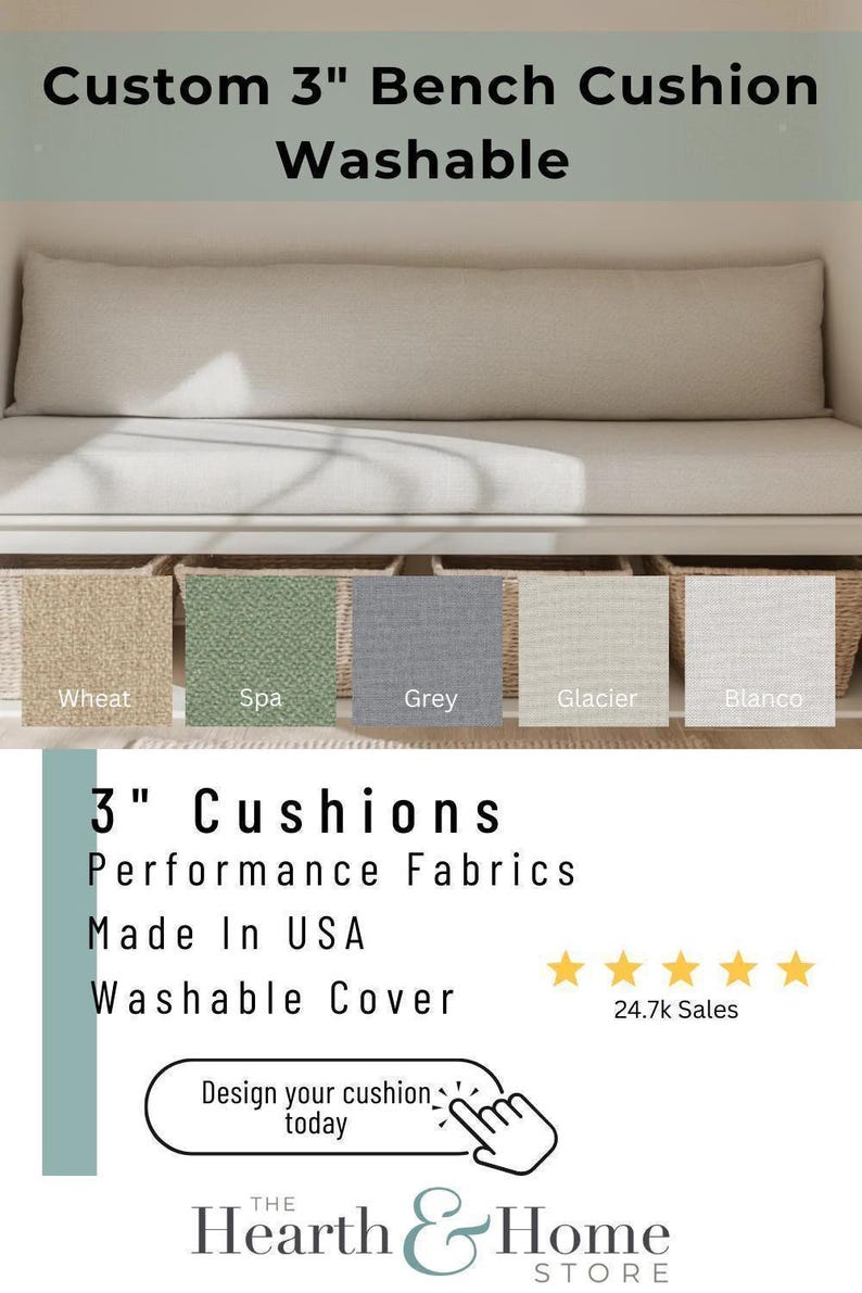 3" Custom Bench Cushion Washable Performance Fabric Pad Durable Indoor Window Seat Made to Order Mudroom Cushion In Stock Program image 10