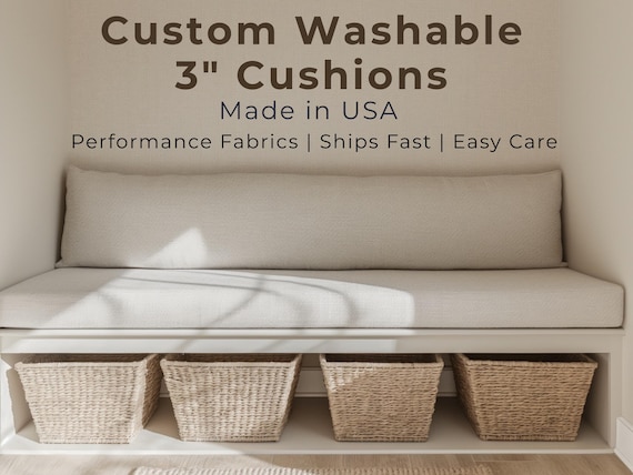 3"  Custom Bench Cushion Washable Performance Fabric  Pad Durable Indoor Window Seat  Made to Order Mudroom Cushion In Stock Program