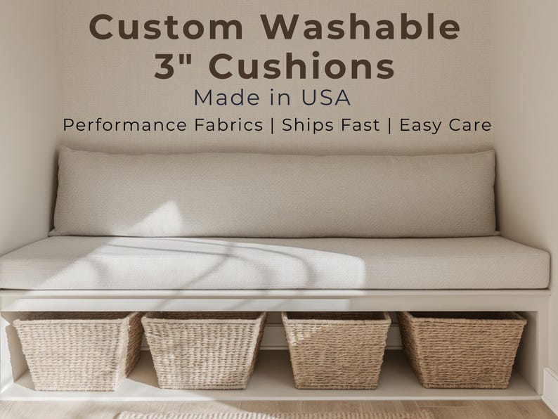 Neutral window seat cushion made with washable 3-inch thick foam core, set on a white bench with woven baskets below