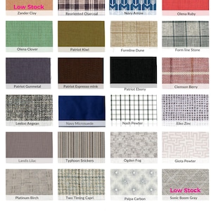 a collection of various fabric swatches and patterns, including patriotic linens, high-performance velvet, and different types of linen.