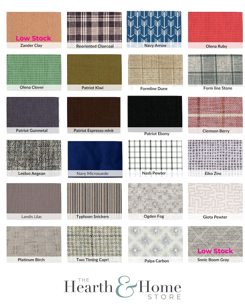 a collection of various fabric swatches and patterns, including patriotic linens, high-performance velvet, and different types of linen.
