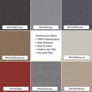 Array of performance fabric swatches in neutrals and textures for custom bench cushions with greys and red and light tans