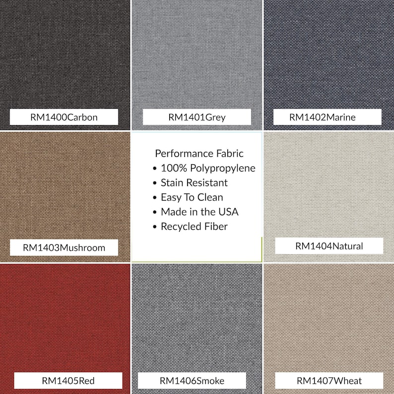 Array of performance fabric swatches in neutrals and textures for custom bench cushions with greys and red and light tans