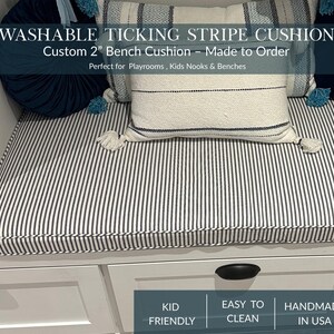 Striped 2"  bench cushion  with washable easy  to clean fabric  custom made in USA to order