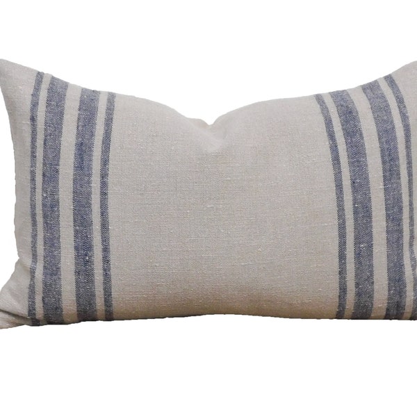 Farmhouse Belgium Linen Navy Stripe Lumbar Pillow Cover, Grainsack Stripe 14 x 22 Pillow Cover, Vintage Holiday Decor, Farmhouse Pillow