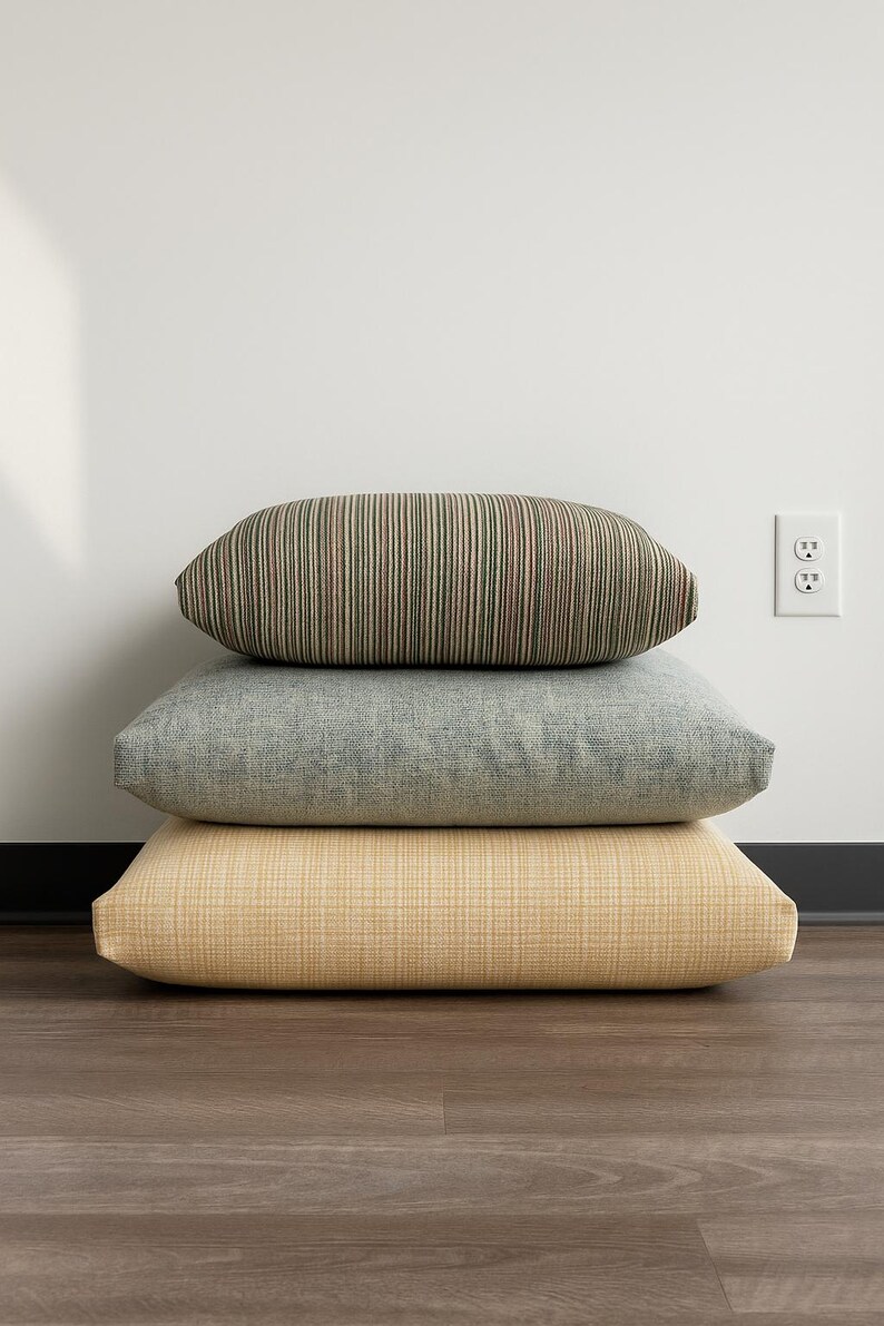 May include: Three decorative pillows stacked on top of each other. The top pillow has vertical stripes in shades of green, brown, and red. The middle pillow is a solid light blue-gray. The bottom pillow is a light yellow with a woven texture.