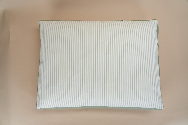 May include: A rectangular pillow with a white and light green striped pattern on the front. The edges are a solid light green. The pillow is placed on a light brown surface.