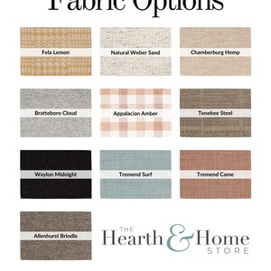 May include: A display of fabric swatches with names like "Fela Lemon," "Natural Weber Sand," and "Chamberburg Hemp." The swatches showcase various textures and colors, including neutral tones, plaid, and solid colors. The Hearth & Home Store logo is at the bottom.