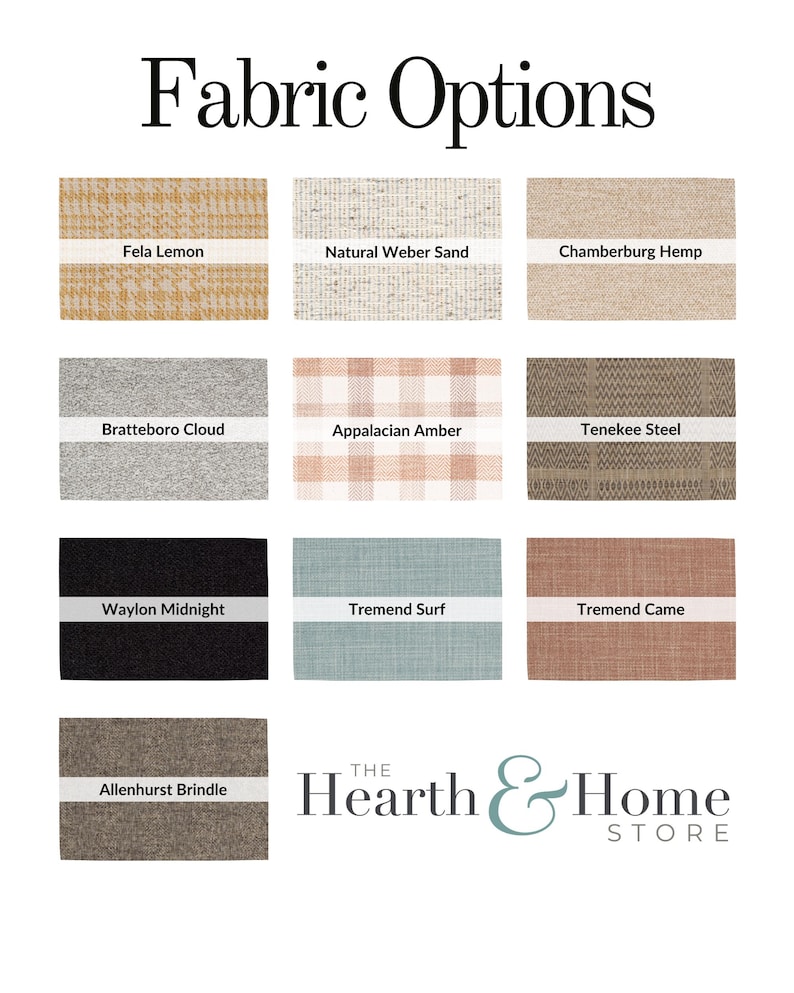 May include: A display of fabric swatches with names like "Fela Lemon," "Natural Weber Sand," and "Chamberburg Hemp." The swatches showcase various textures and colors, including neutral tones, plaid, and solid colors. The Hearth & Home Store logo is at the bottom.