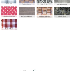 a collection of various fabric swatches and patterns, including patriotic linens, high-performance velvet, and different types of linen.