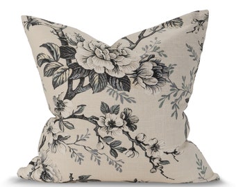 Vintage Winter Floral Pillow Cover Neutral Cream Grey Accent Farmhouse French Country Cottagecore Designer Throw Pillow 20 x 20