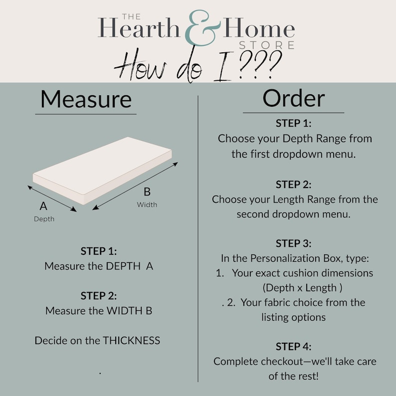 How to measure and order a custom bench or window seat cushion from The Hearth & Home Store, including depth, width, and fabric selection steps